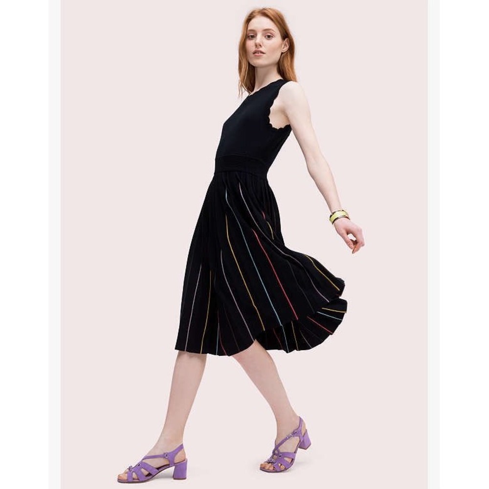 Kate Spade Black Scallop Neck Rainbow Pleated Knit Midi Dress‎ Large NJMU9303